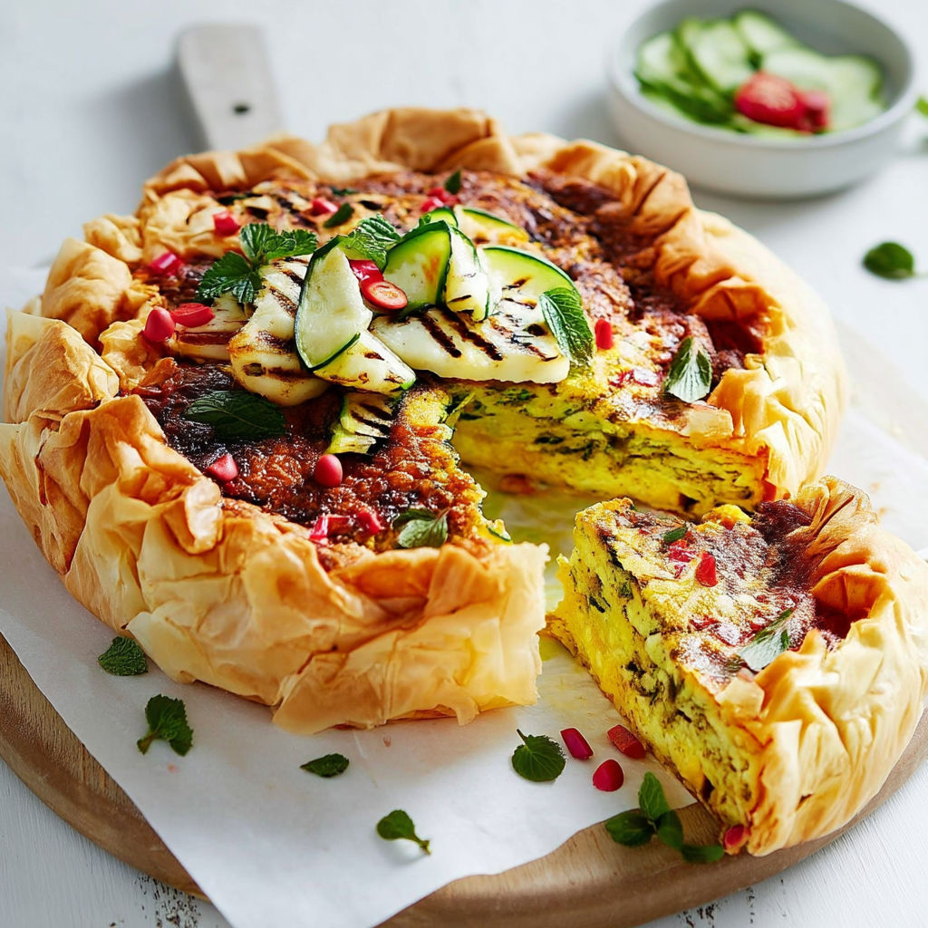 A slice of pie with a cucumber on top.