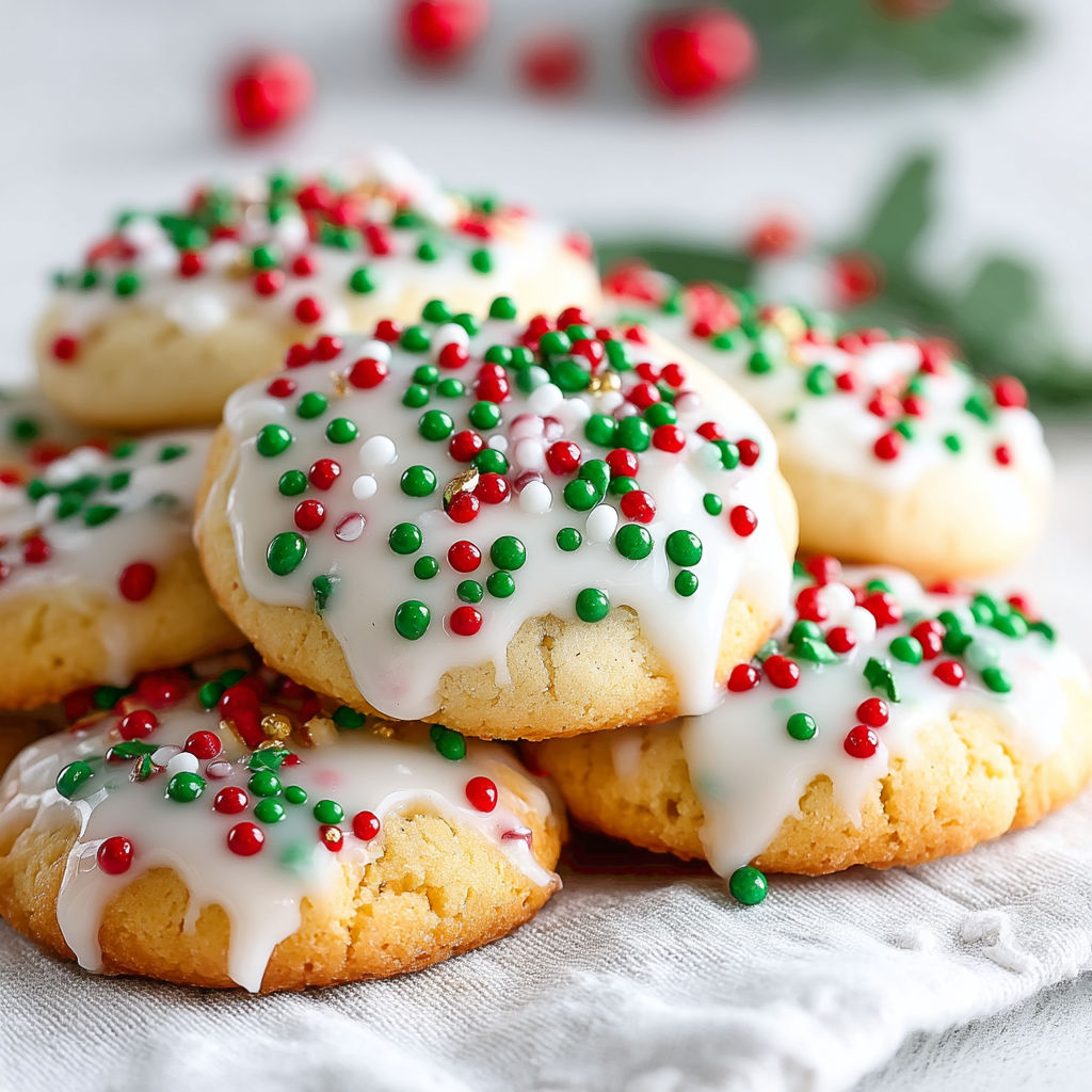 A stack of Christmas cookies with red and green sprinkles.