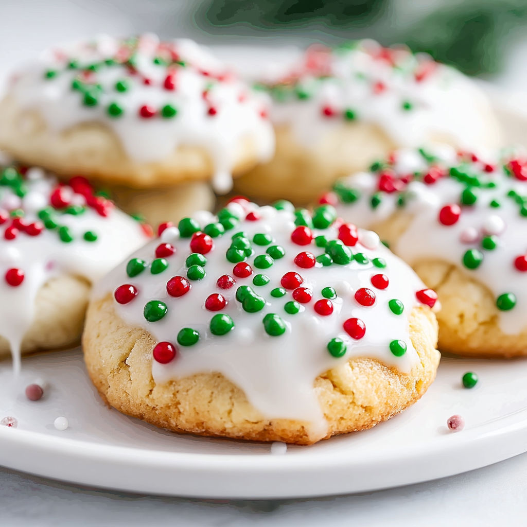 A plate of Christmas cookies with green and red sprinkles.