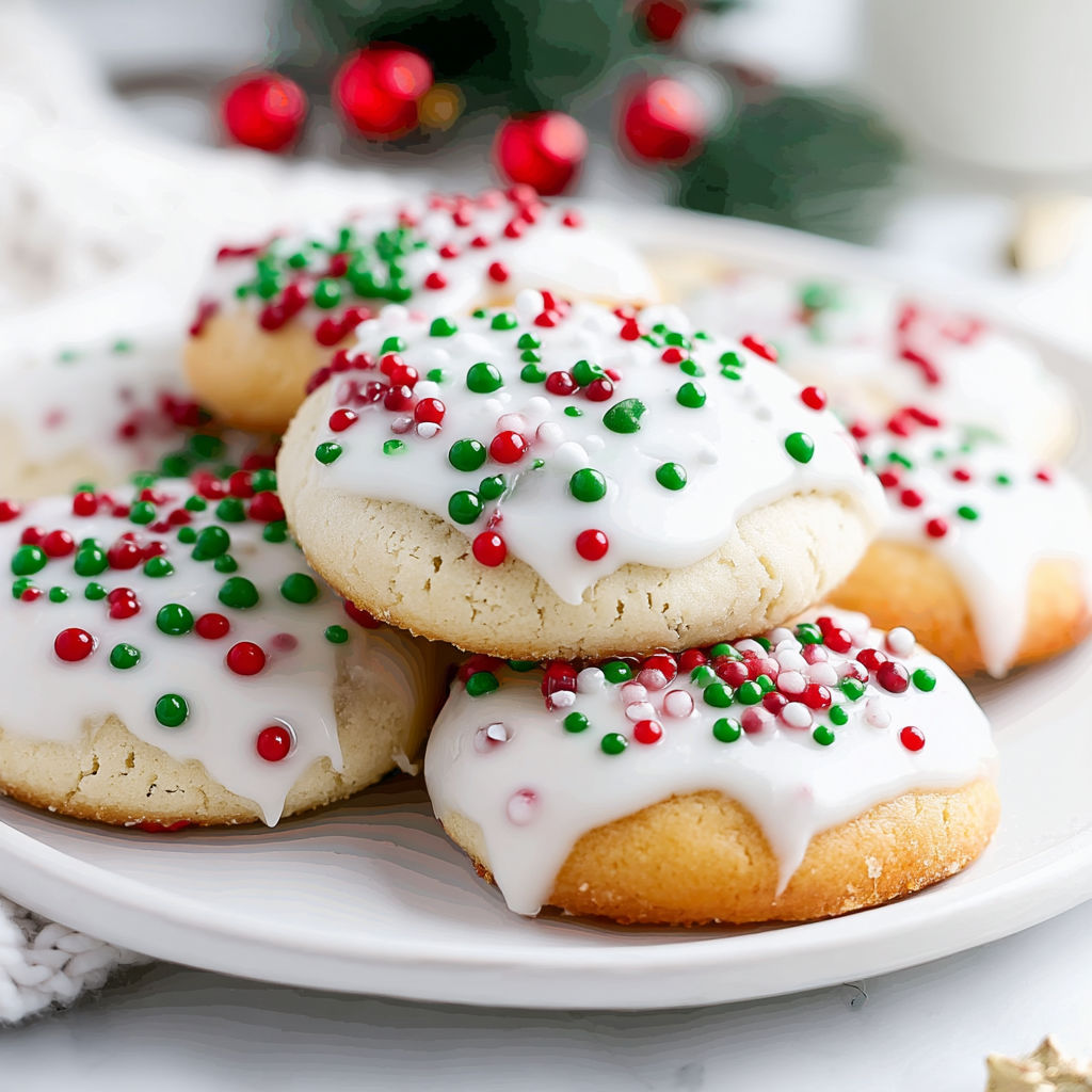 A plate of Christmas cookies with green and red sprinkles.