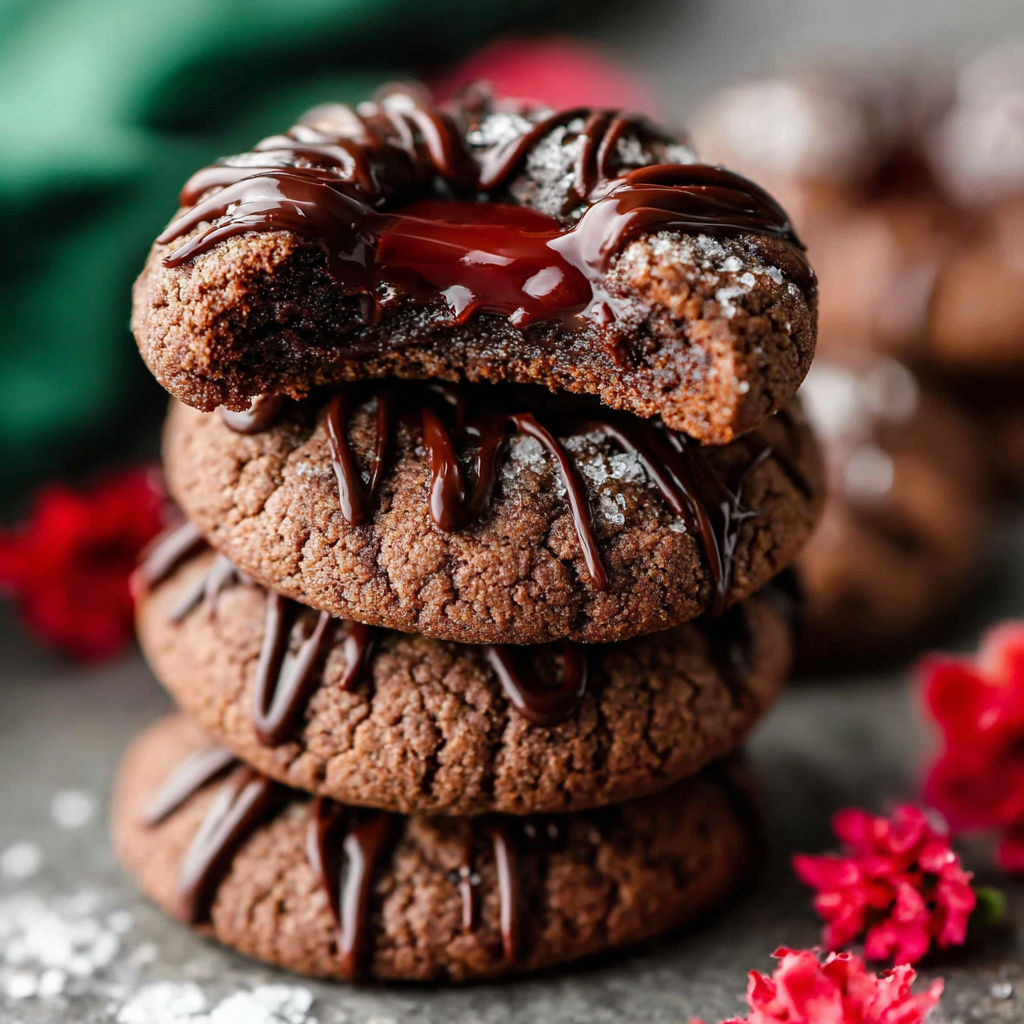 A stack of chocolate thumbprint cookies.