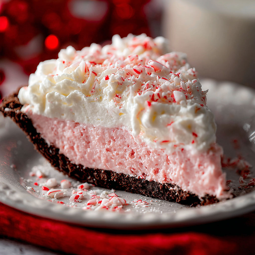 A slice of a no bake Christmas peppermint pie.