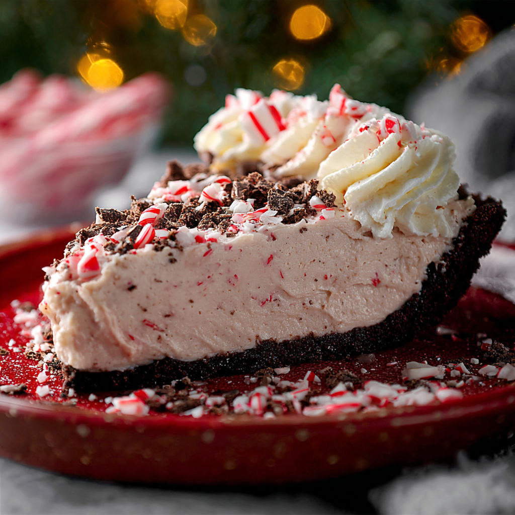A slice of a no bake Christmas peppermint pie.
