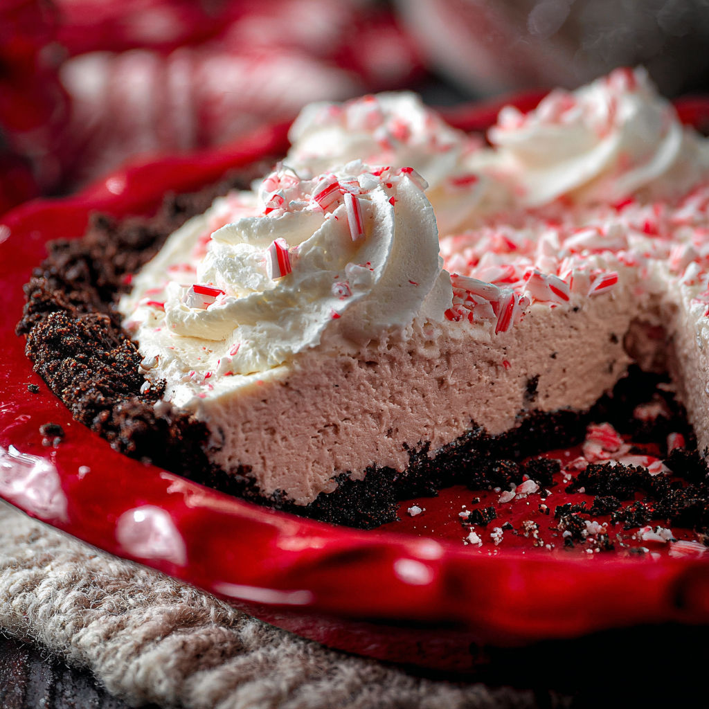 A slice of a no bake Christmas peppermint pie.