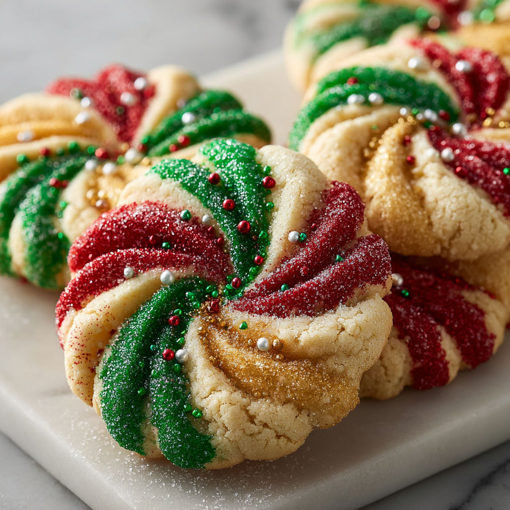Twisted Christmas cookies with red, green, yellow and white icing.