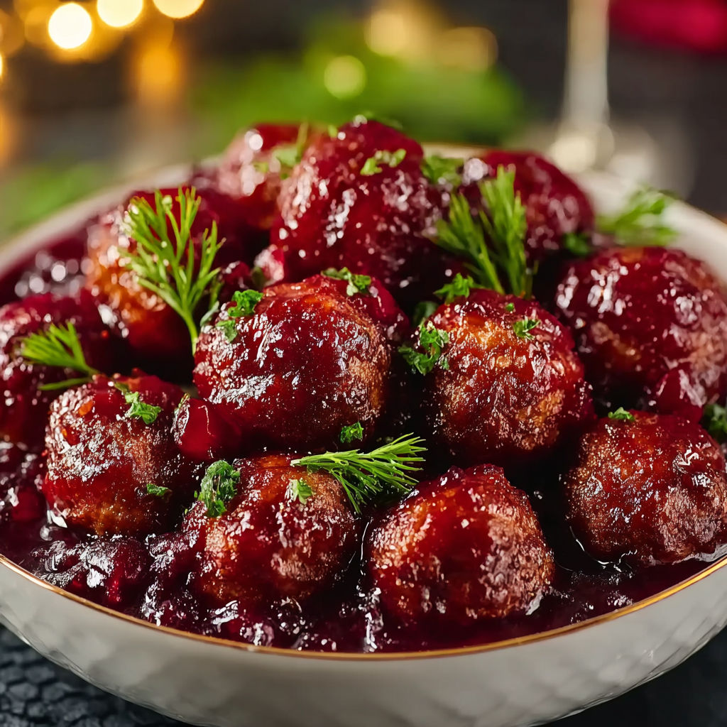 A bowl of meatballs with cranberry sauce.
