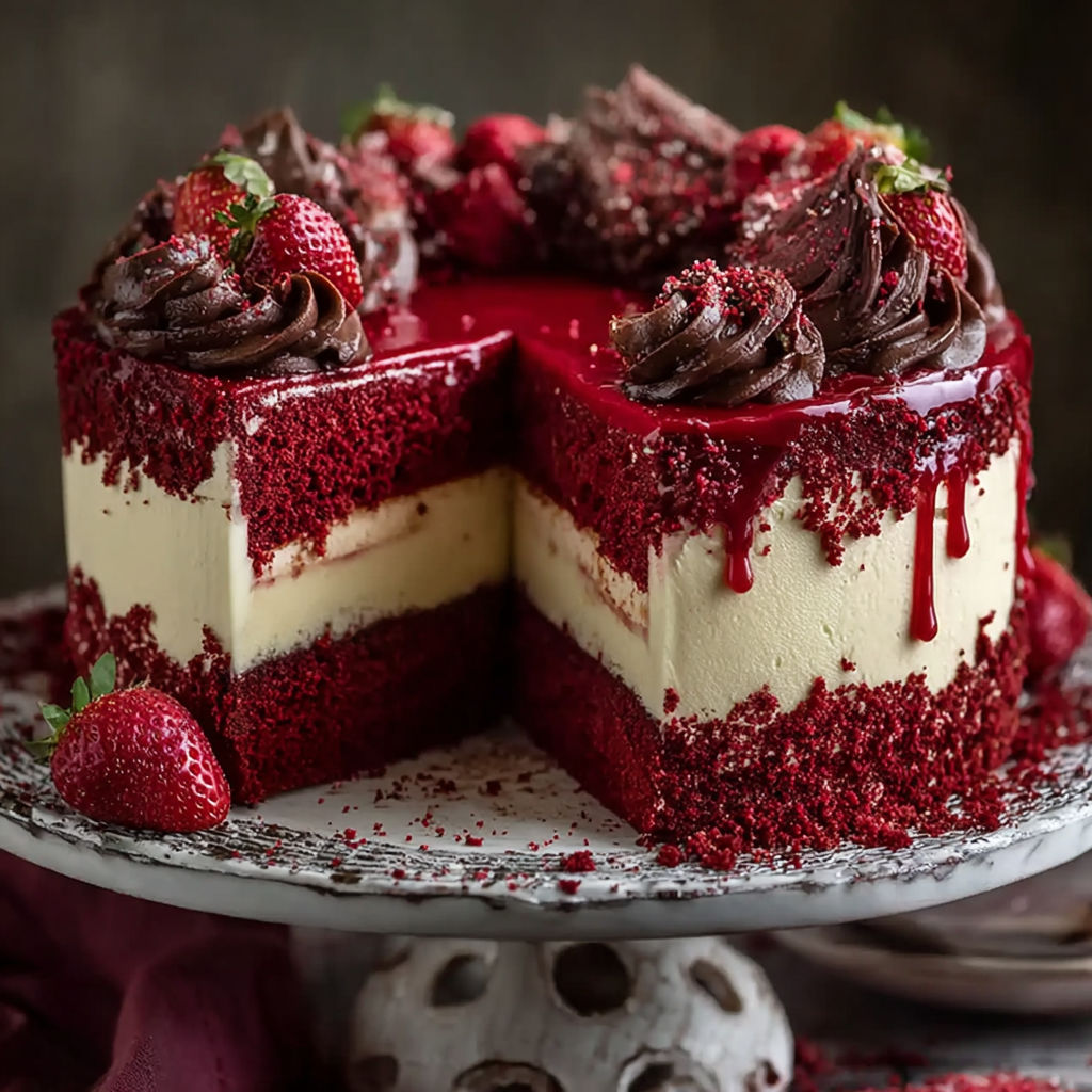A slice of red velvet cheesecake layer cake.