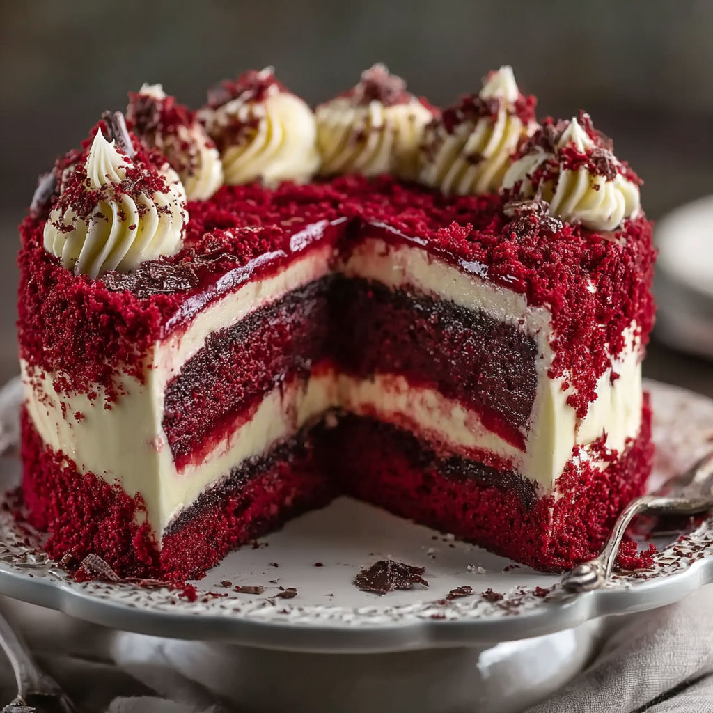 A slice of red velvet cheesecake layer cake.