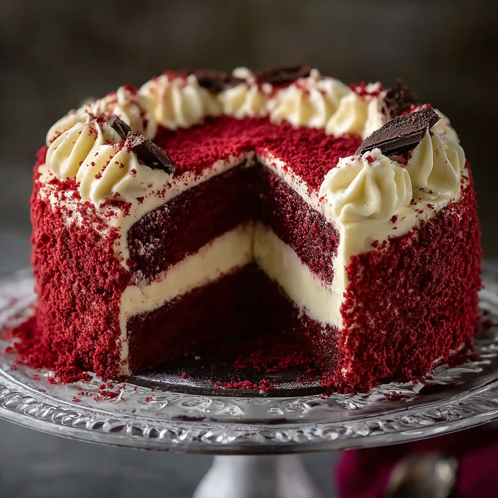 A slice of red velvet cheesecake layer cake.