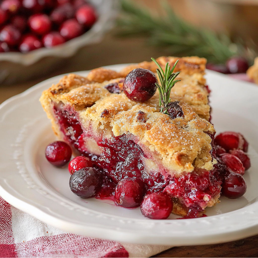 A slice of pie with a sprig of rosemary on top.