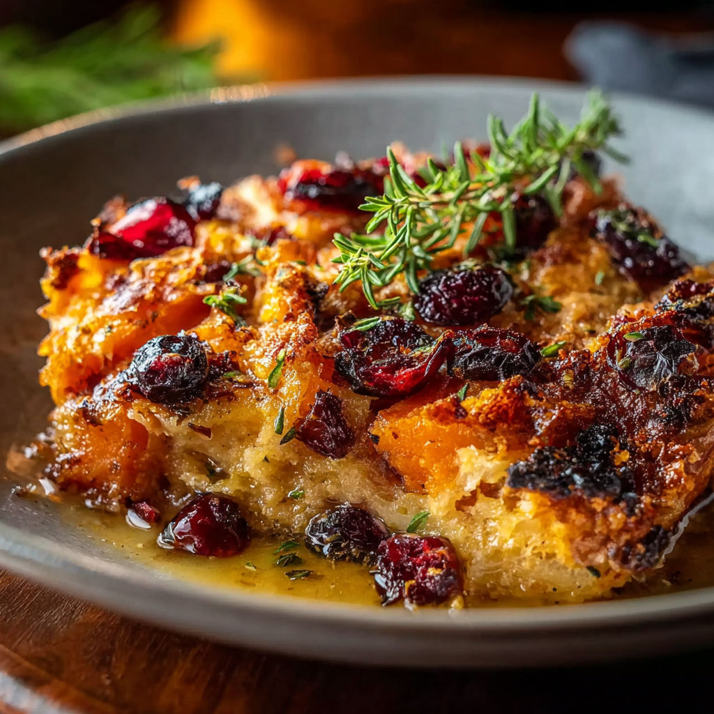 A dish of food with a sweet potato and cranberry topping.