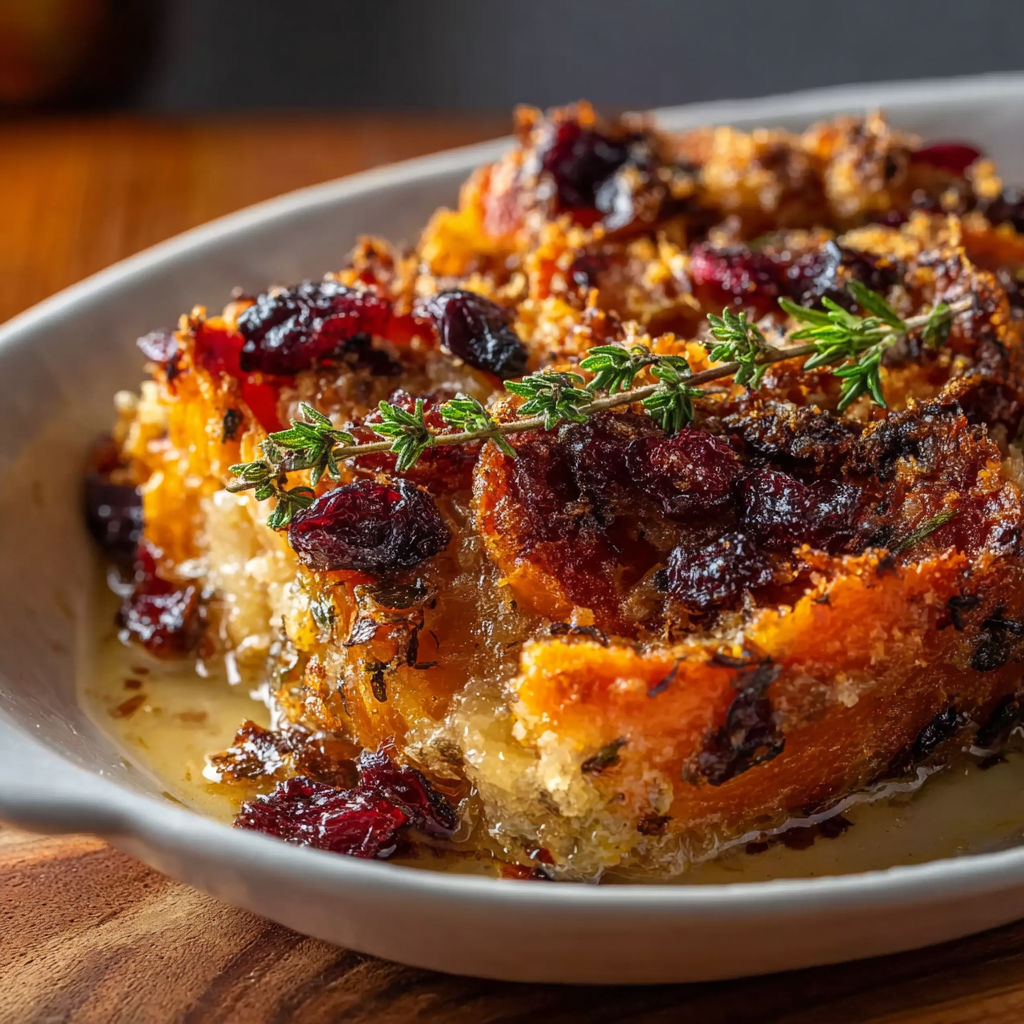 A white bowl filled with a sweet potato and cranberry gratin.