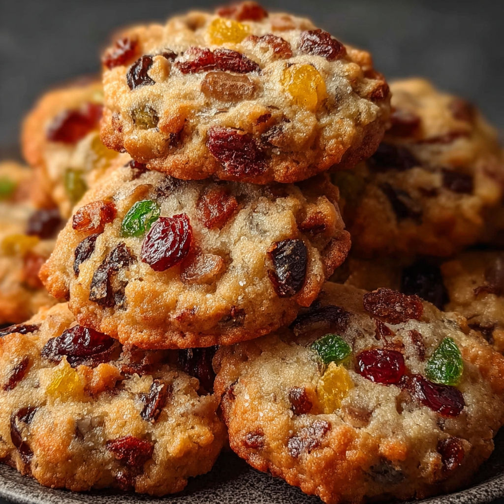 A stack of cookies with fruit on top.
