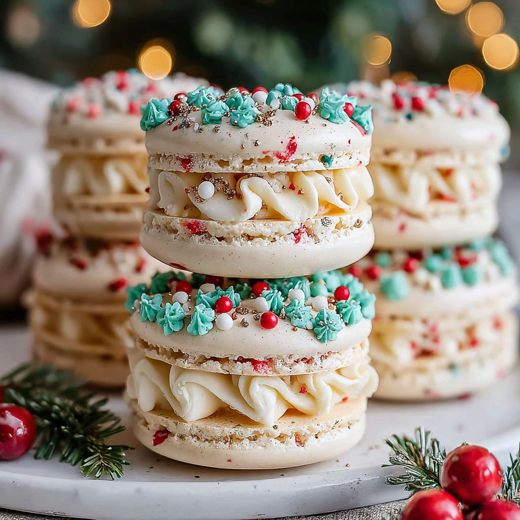 A stack of Christmas tree cake macarons.