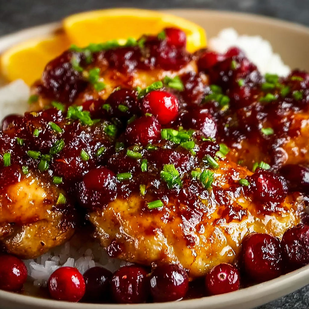 A plate of food with a glaze of cranberry and orange.