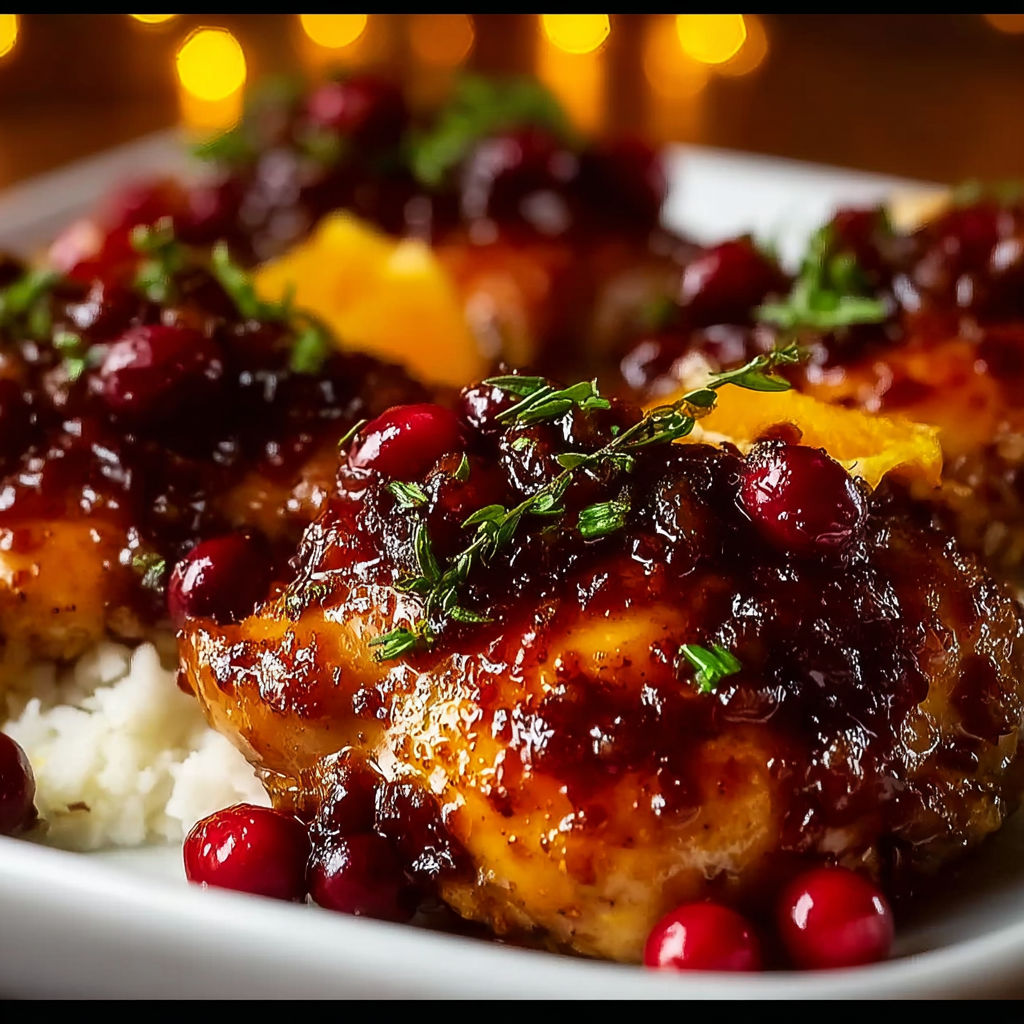 A plate of food with a glaze of cranberry and orange.