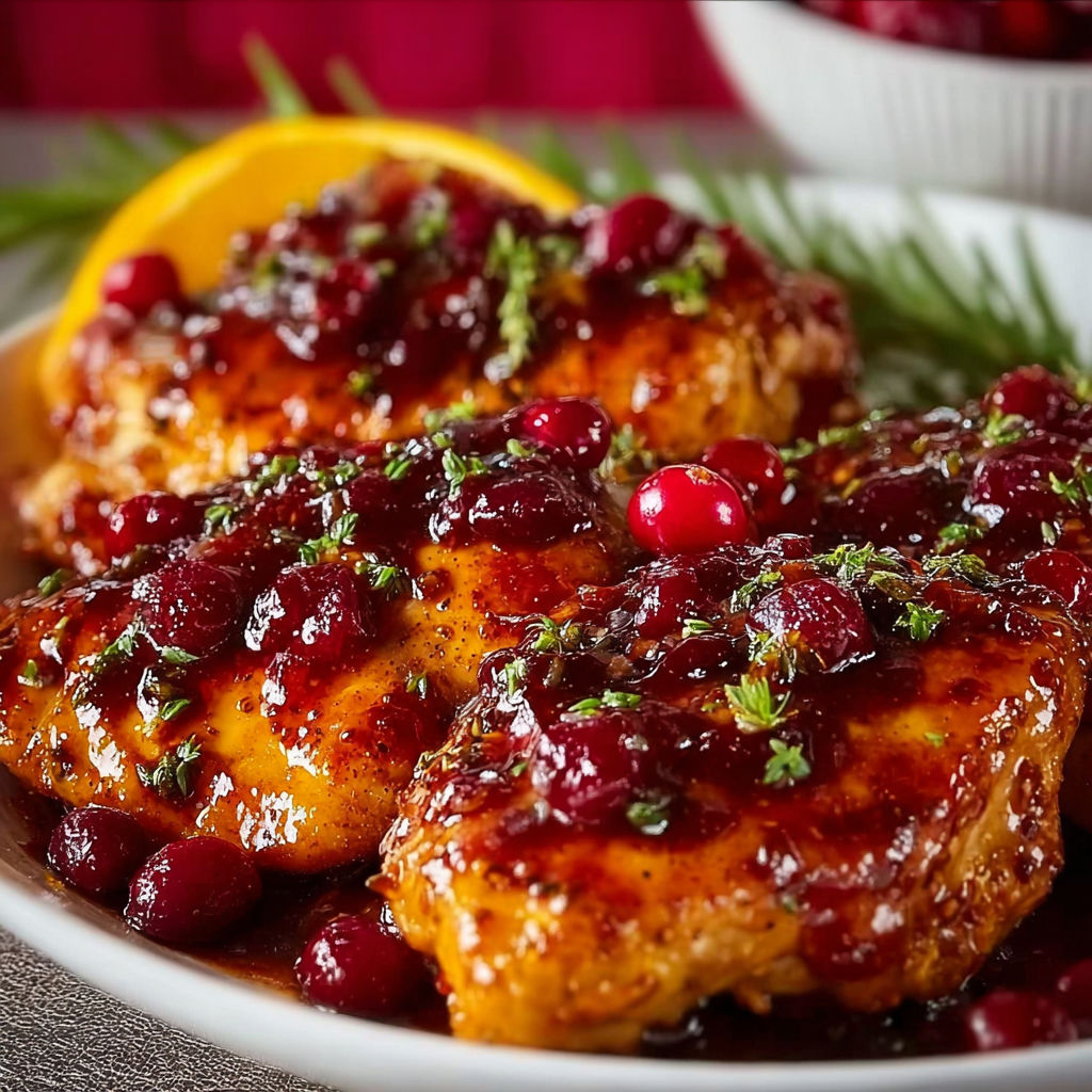 A plate of chicken with a glaze of cranberry and orange.