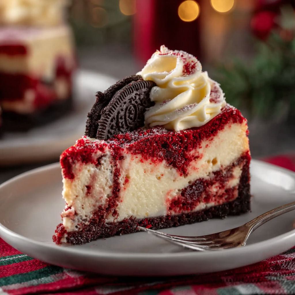 A slice of red velvet cheesecake with a chocolate topping.