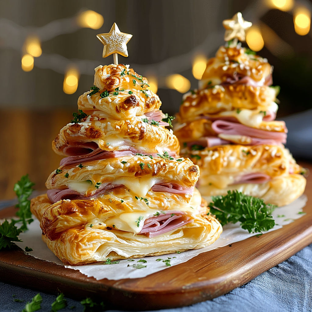 A stack of ham and cheese puff pastries shaped like Christmas trees.