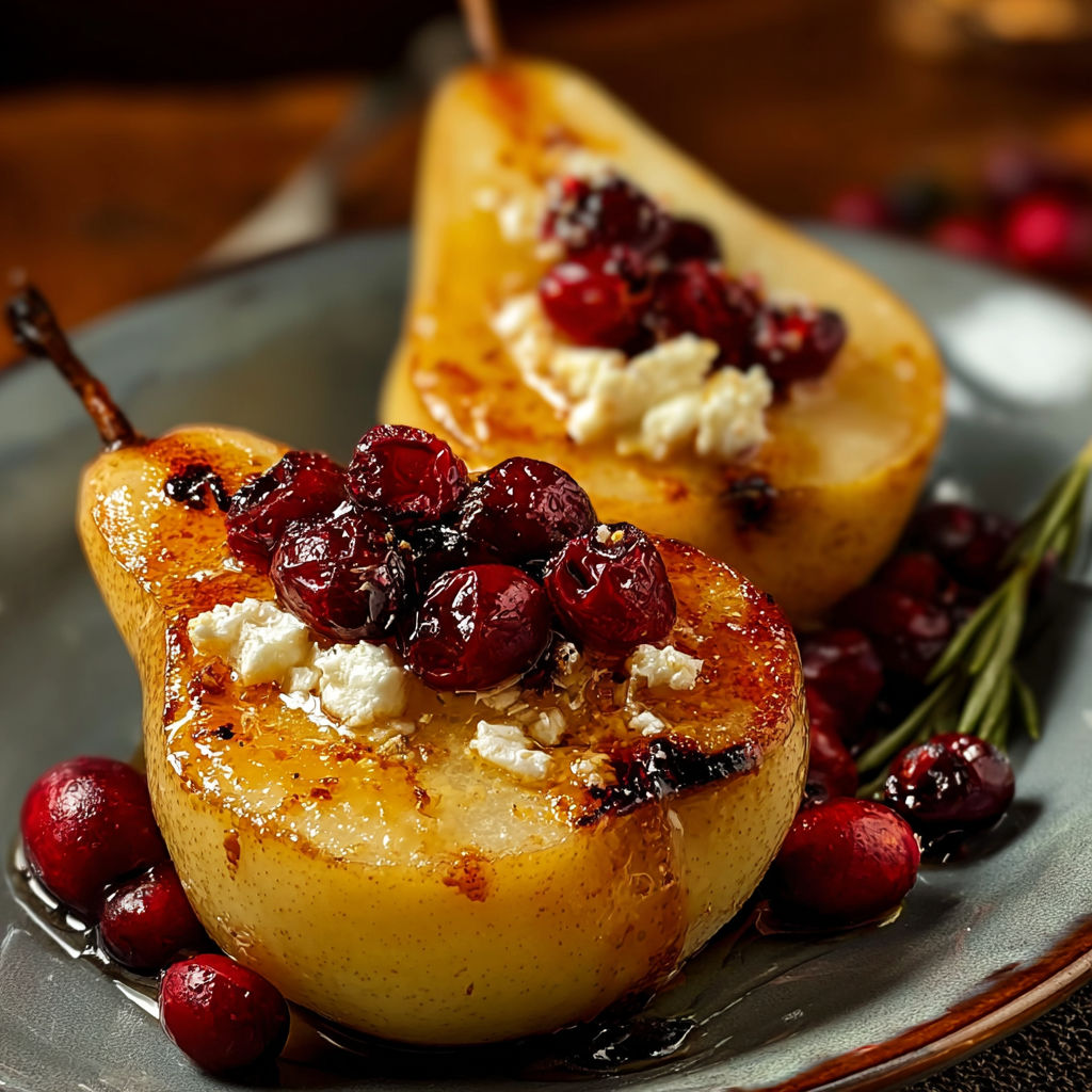 Two baked pears with goat cheese, honey, and cranberries.