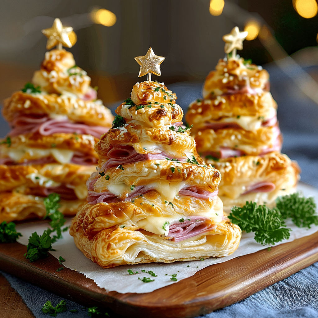 Three ham and cheese puff pastries are arranged to look like Christmas trees.