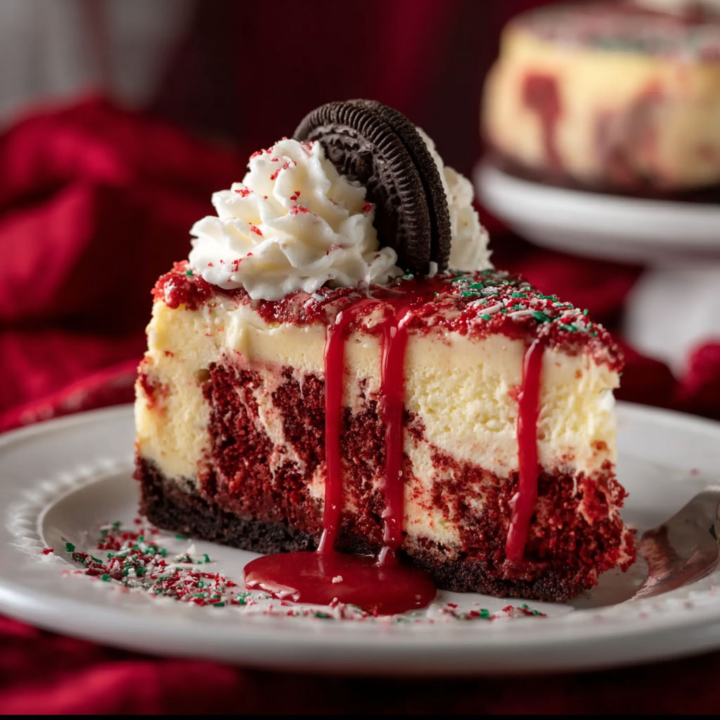 A slice of red velvet cheesecake with a drizzle of red sauce.