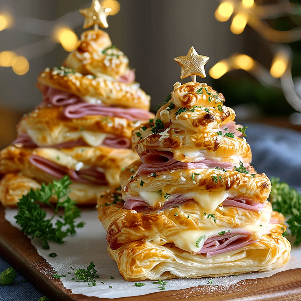 Three stacked ham and cheese puff pastries shaped like Christmas trees.