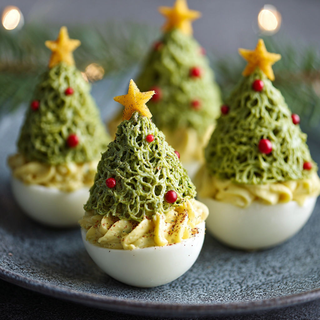 Three egg-shaped Christmas trees made of yarn.
