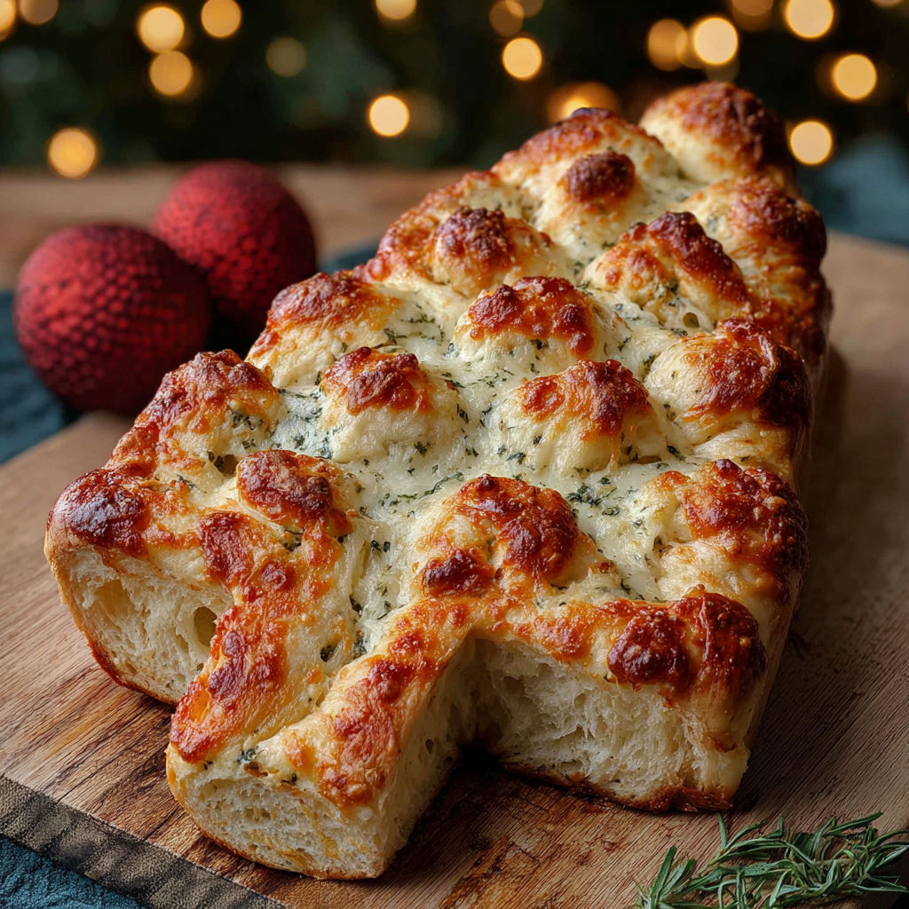 A loaf of bread with a cheesy Christmas tree design.