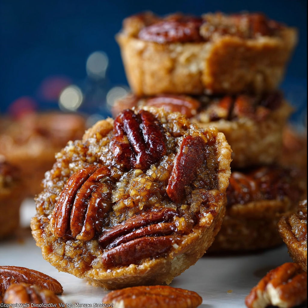 A close up of a pecan pie with a pecan on top.