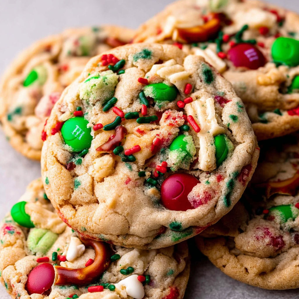 A stack of cookies with green and red sprinkles.