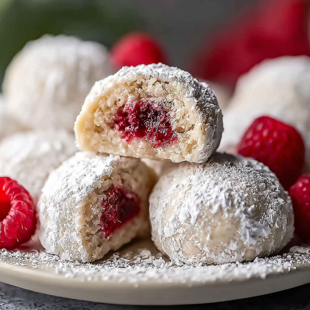 A plate of raspberry almond snowball cookies.