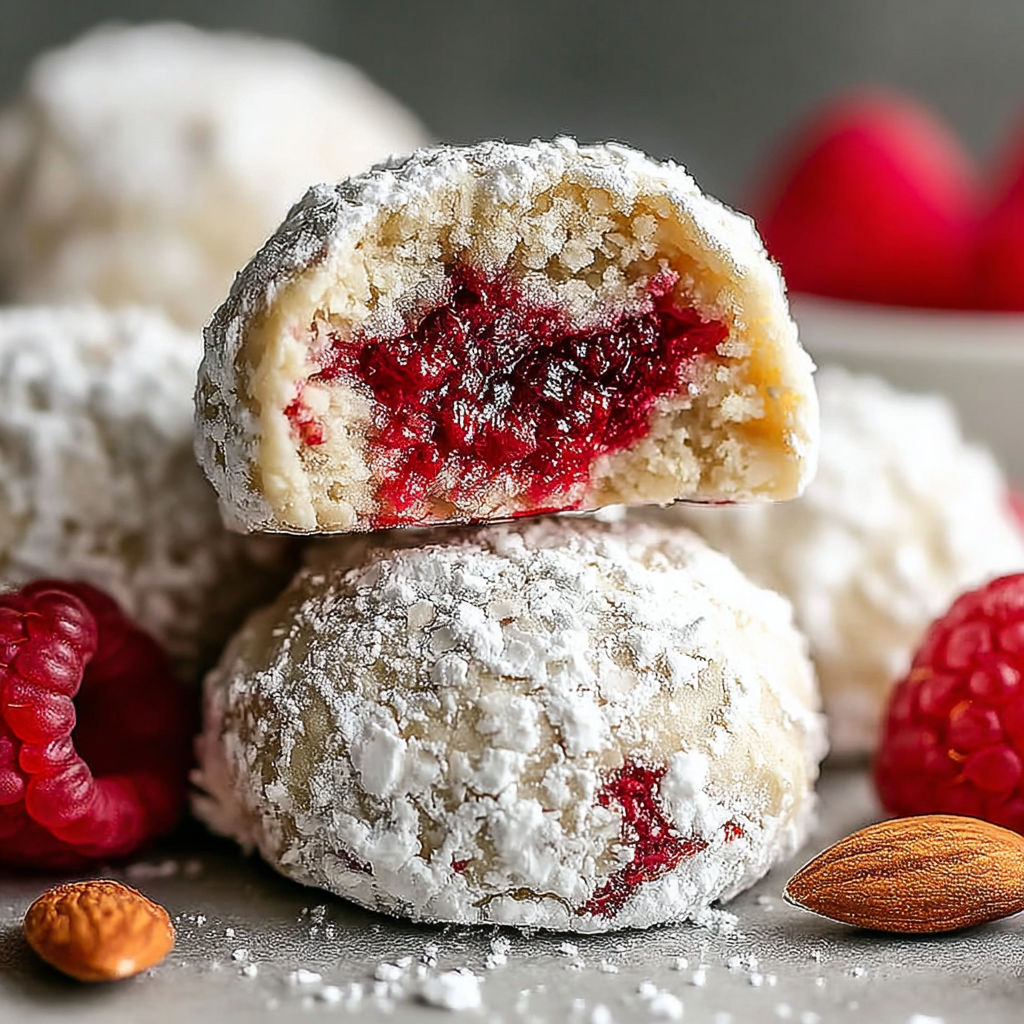 A stack of white powdered sugar covered cookies with a red raspberry on top.