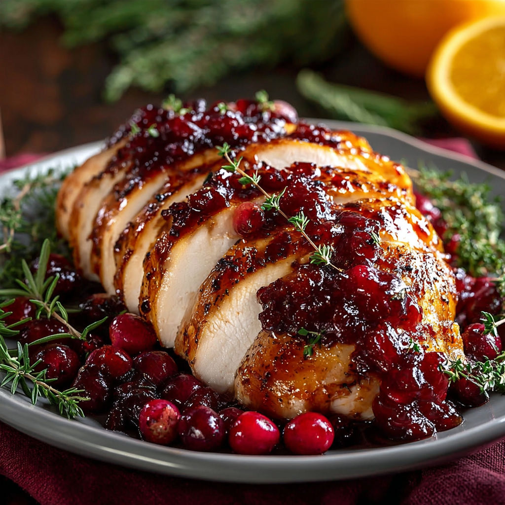 A plate of food with a chicken breast and cranberry sauce.