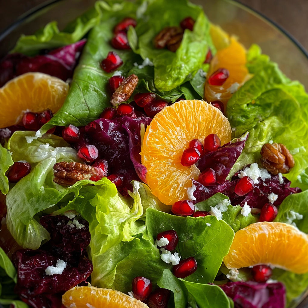 A colorful salad with oranges, pomegranate, lettuce, and walnuts.