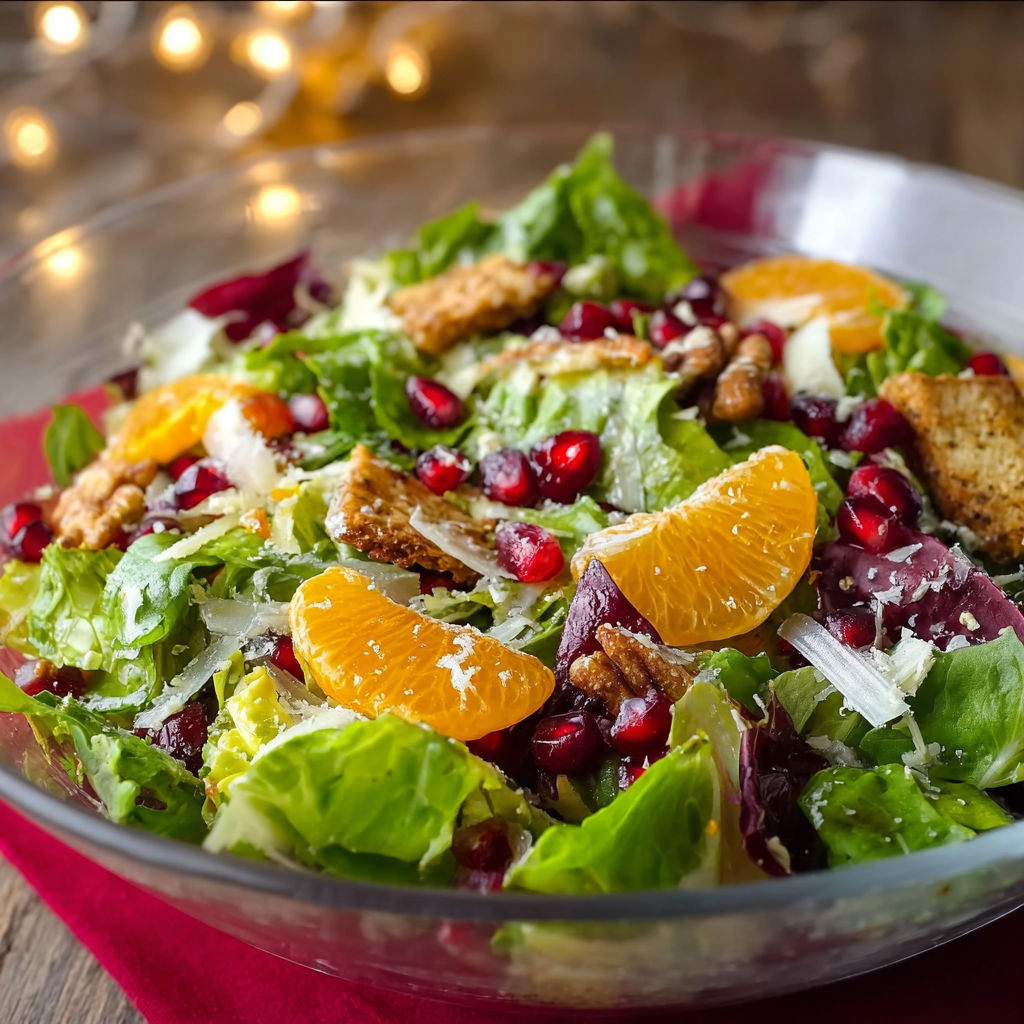 A colorful holiday salad with oranges, pomegranate, lettuce, and croutons.