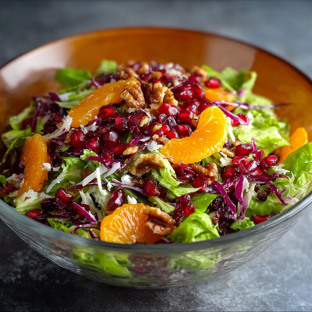 A bowl of salad with oranges, pomegranate, lettuce, and walnuts.