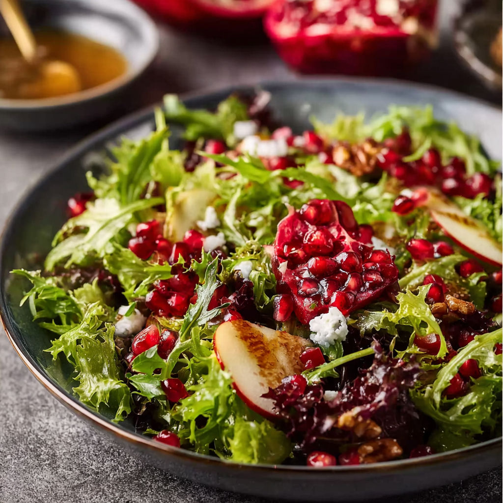 A bowl of salad with pomegranate, lettuce, and walnuts.