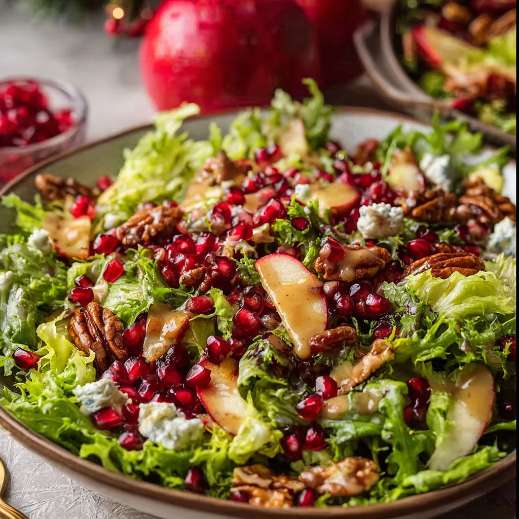 A salad with pomegranate, lettuce, and walnuts.