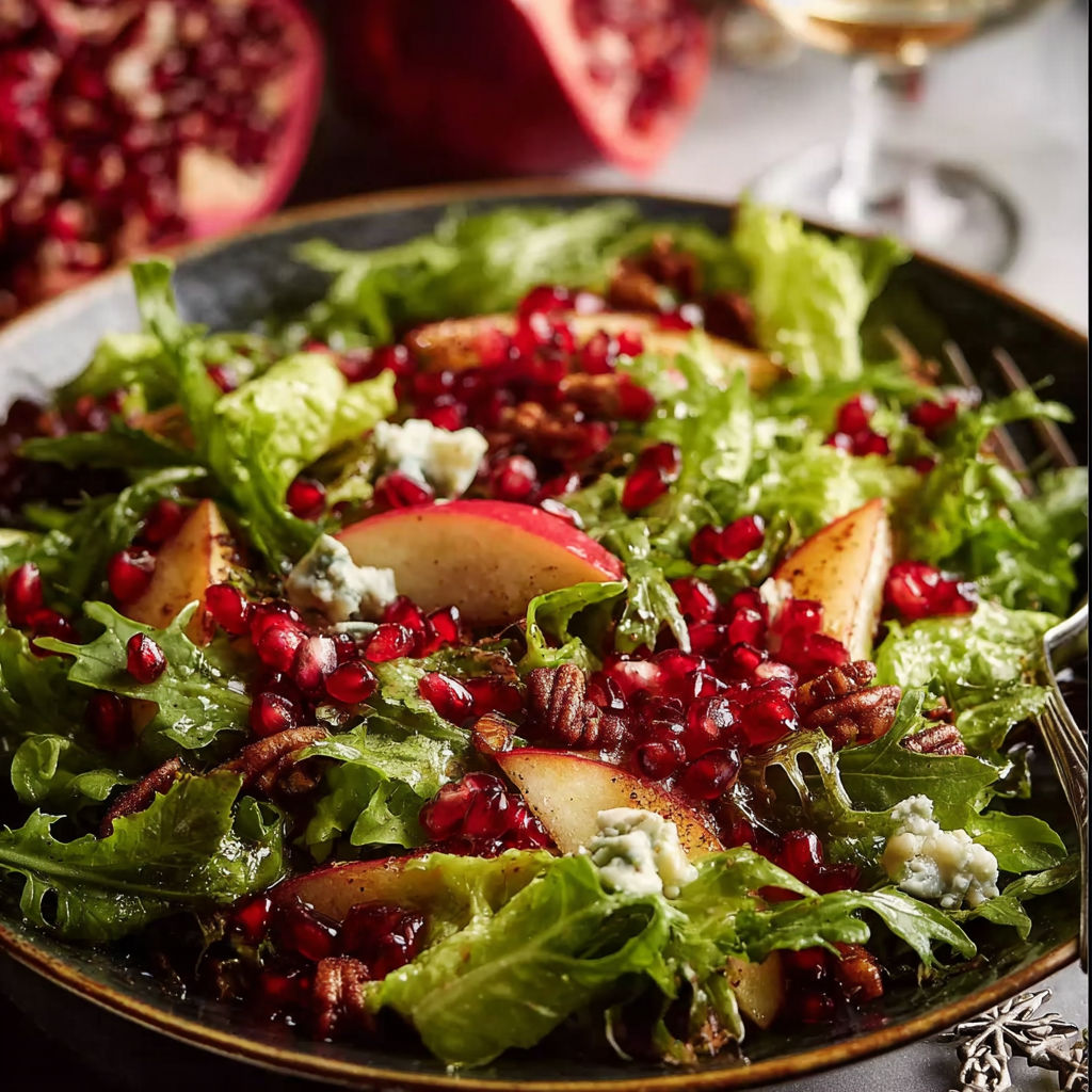 A plate of salad with pomegranate and blue cheese.