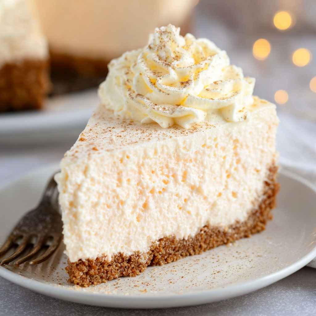 A slice of cheesecake with a dollop of whipped cream on top.
