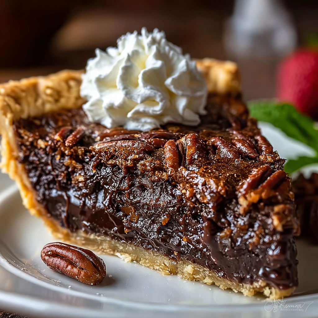 A slice of Texas Chocolate Pecan Pie with whipped cream on top.
