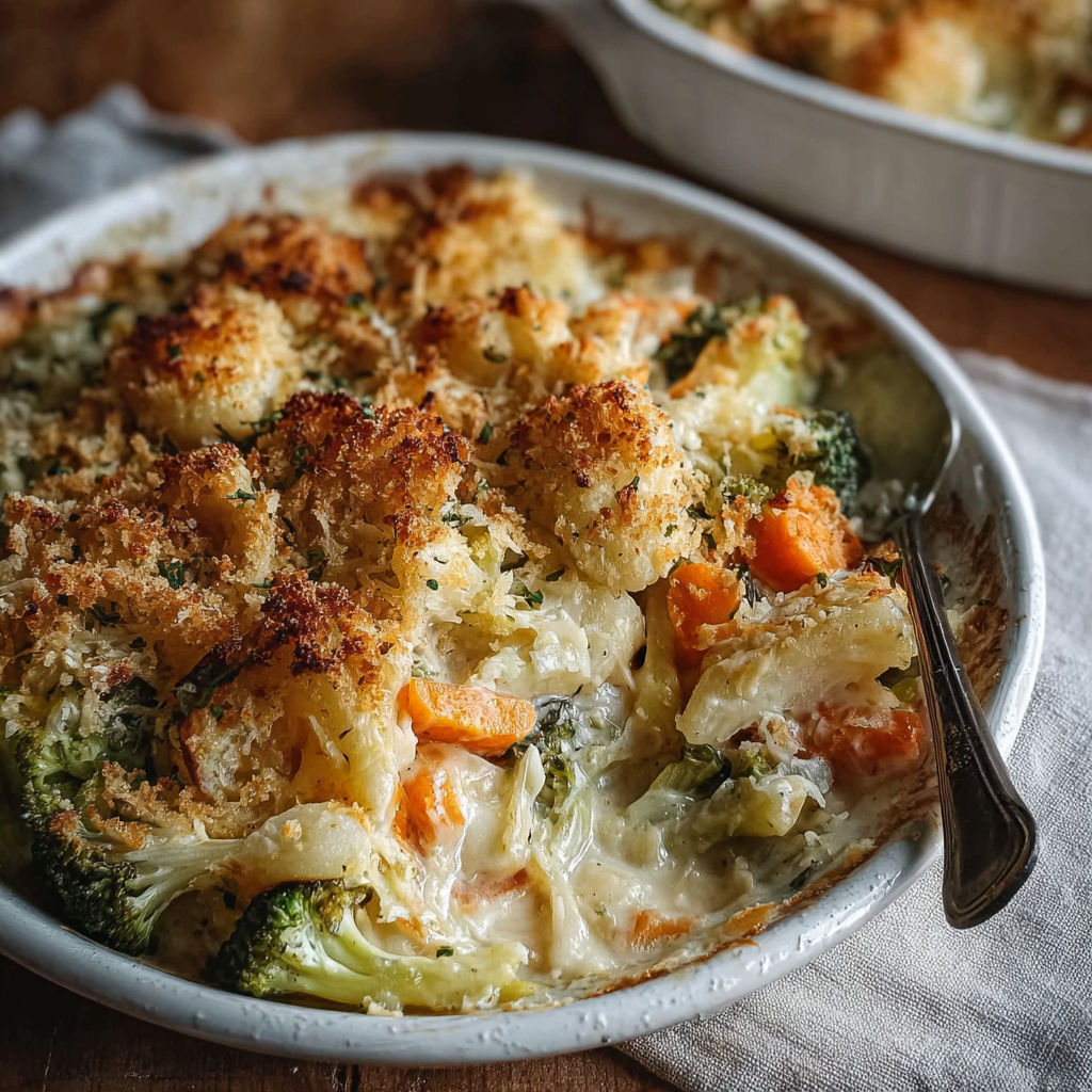 A white bowl filled with a creamy dish containing broccoli and carrots.