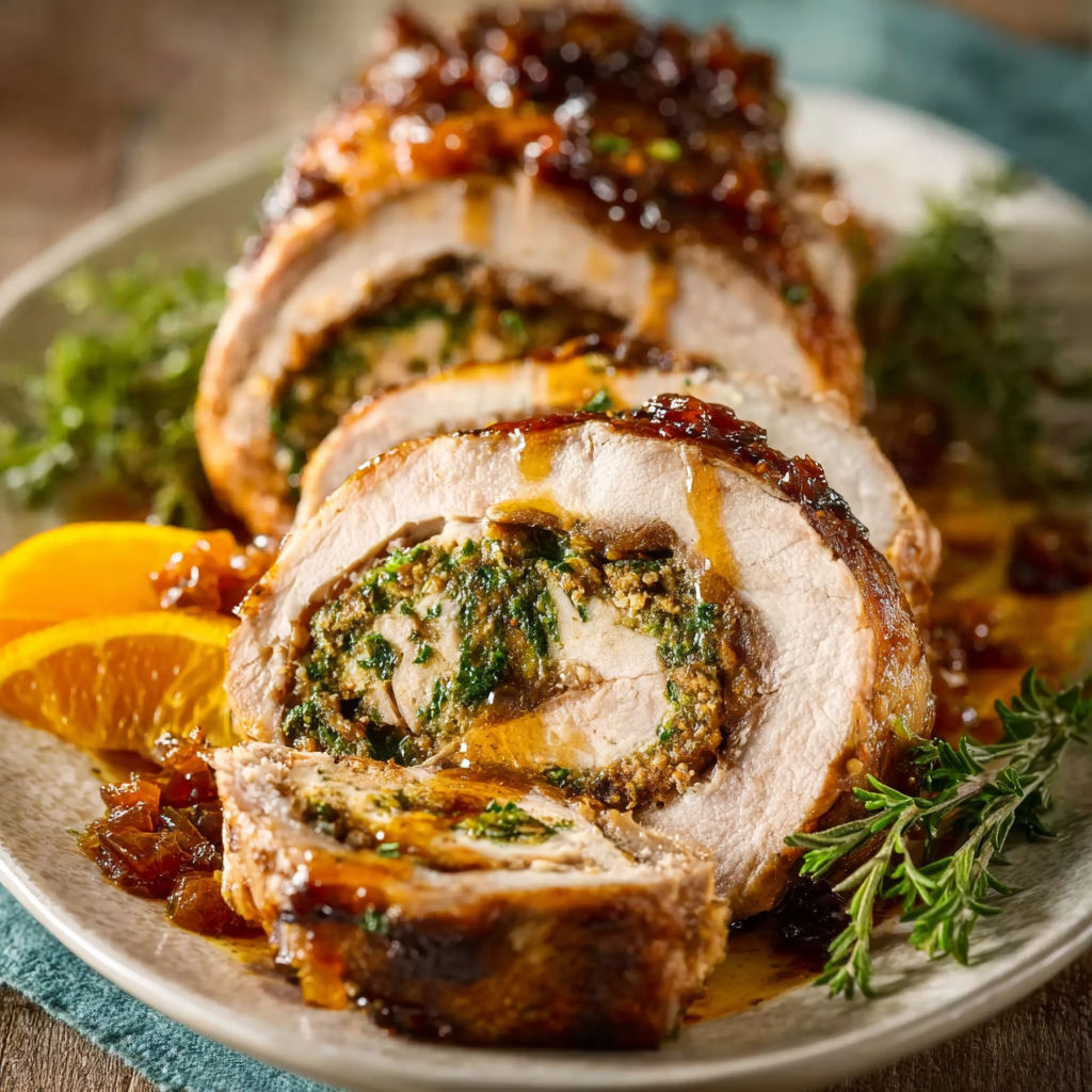A plate of food with a meat roll and a slice of orange.