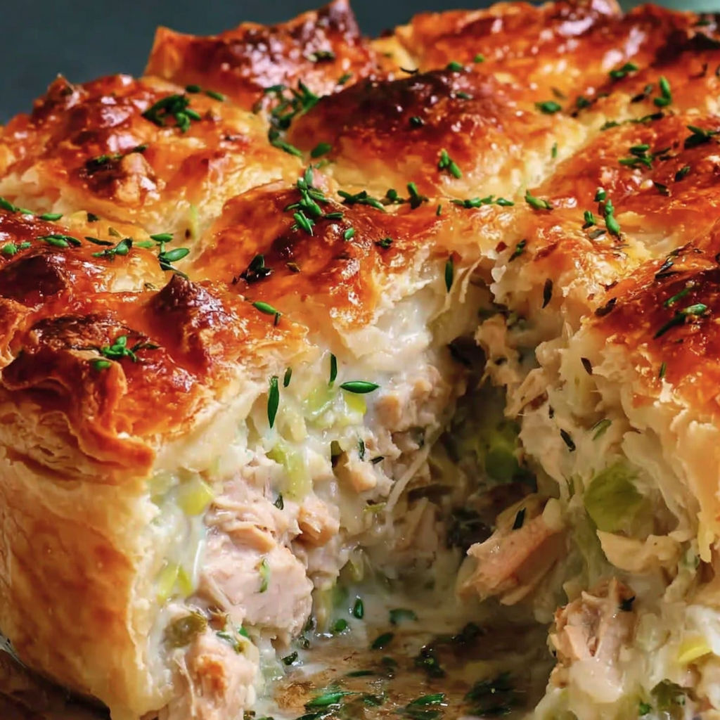 A close up of a pastry with meat and vegetables.