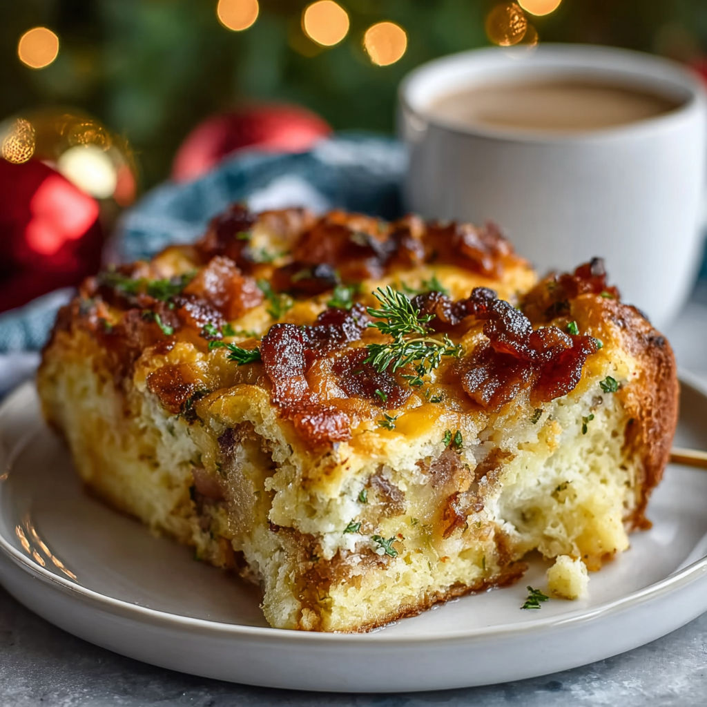 A slice of bacon and cheese casserole on a plate.