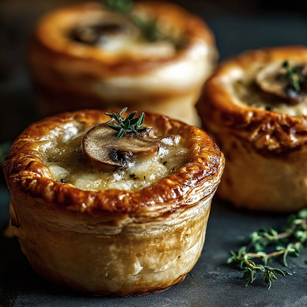 Three mini mushroom and gruyere pot pies with thyme.