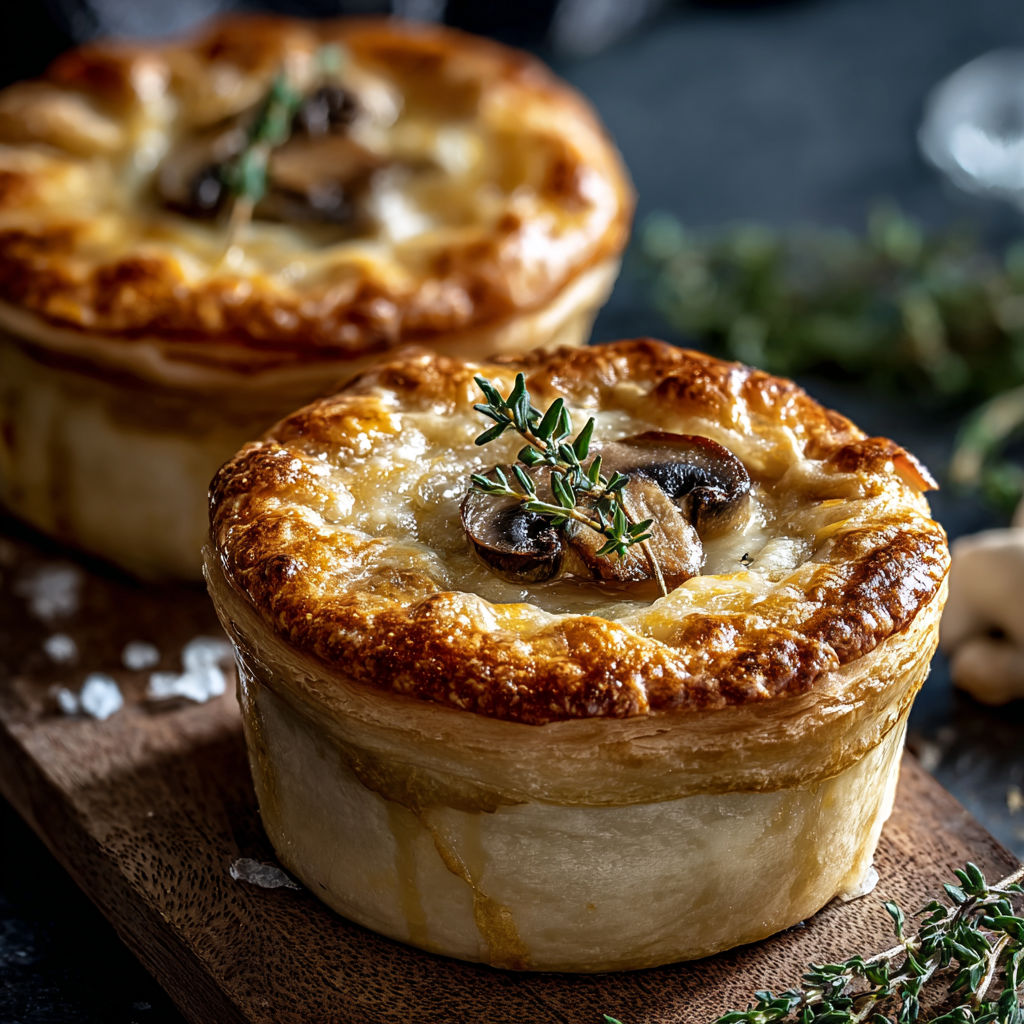 Two mini mushroom and gruyere pot pies with thyme.