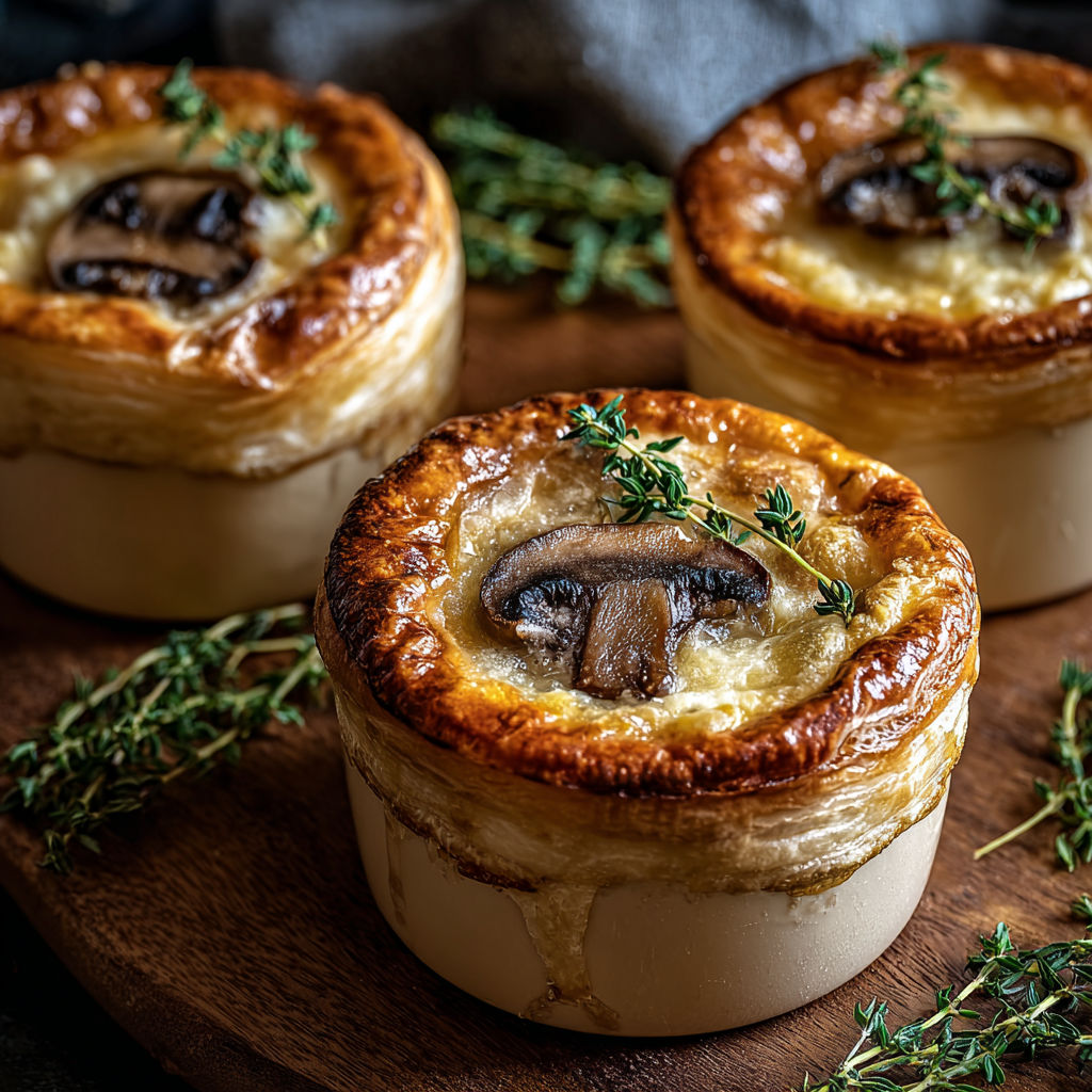 Three mini mushroom and gruyere pot pies with thyme.