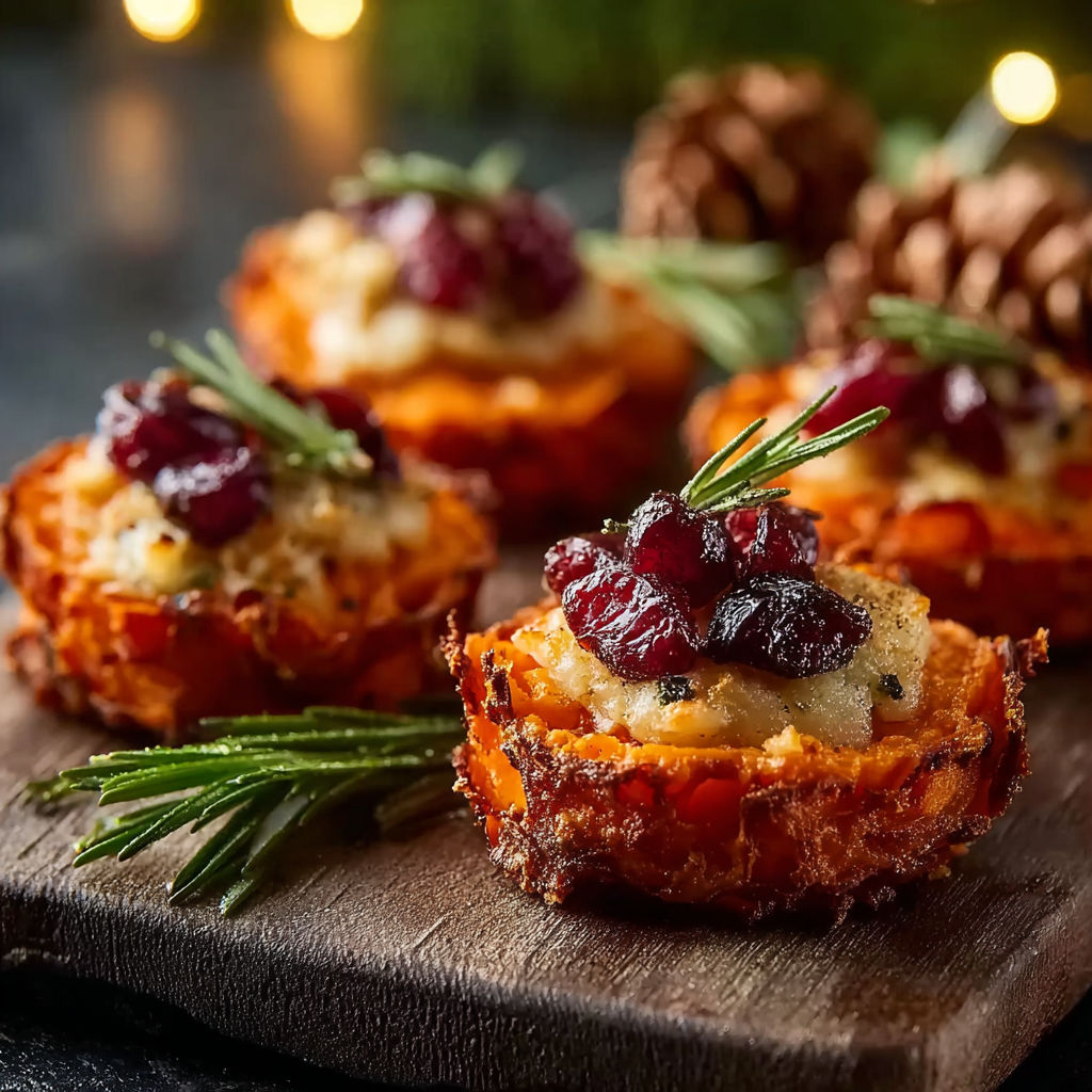 Sweet potato rounds with brie, cranberry and pecans.
